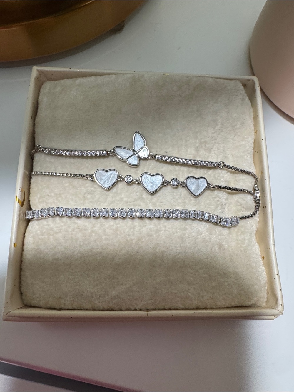 Silver Tone Butterfly & Heart Layered Bracelet Set - White Inlay